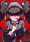  1girl bangs black_hair black_jacket black_nails blood blood_on_face bonnet celestia_ludenberg center_frills chikichi commentary_request danganronpa:_trigger_happy_havoc danganronpa_(series) drill_hair finger_to_own_chin frills from_above frown gothic_lolita highres index_finger_raised jacket lolita_fashion long_hair long_sleeves looking_at_viewer necktie pink_blood red_background red_eyes red_neckwear serious shirt simple_background solo twin_drills twintails upper_body 