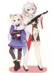  2girls :d ak-47 animal_ears assault_rifle blush doyagao eyelashes fang full_body fur-trimmed_kimono fur_trim gun highres holding holding_gun holding_weapon hololive japanese_clothes kimono kimono_skirt lion_ears lion_girl lion_tail looking_at_viewer multiple_girls murasaki_shion open_mouth rifle shishiro_botan silver_hair simple_background size_difference smile smug sparkle tail tonton_(tonz159) virtual_youtuber weapon white_background 