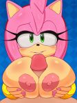  absurd_res amy_rose anthro big_breasts blue_background blush breasts checkered_background colored_nails duo eulipotyphlan excito female first_person_view genitals green_eyes hair hedgehog hi_res human humanoid_genitalia humanoid_penis looking_at_viewer male male/female male_pov mammal nails pattern_background penis pink_hair sex simple_background solo_focus sonic_the_hedgehog_(series) tan_body titfuck 