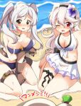  2girls bikini breasts brown_eyes brown_gloves cleavage corrin_(fire_emblem) corrin_(fire_emblem)_(female) eromame fire_emblem fire_emblem_awakening fire_emblem_fates fire_emblem_heroes flower gloves hair_flower hair_ornament jewelry long_hair multiple_girls necklace o-ring o-ring_bikini one_eye_closed open_mouth red_eyes robin_(fire_emblem) robin_(fire_emblem)_(female) sitting suggestive_fluid swimsuit thigh_strap twintails white_hair 