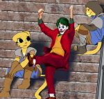  absurd_res anthro arthur_fleck bethesda_softworks brown_clothing brown_footwear brown_shoes clothing clown clown_makeup dancing female fishe_(character) footwear fur general_proton graffiti green_hair group hair hi_res human humanoid joker joker_(2019_film) katia_managan looking_at_another m&#039;aiq_the_liar male mammal morshu movie_reference oblivion orange_vest prequel quill-weave red_suit shirt shoes sleeping stairs standing the_elder_scrolls three_piece_suit tito_dick todd_howard topwear undershirt video_games webcomic yellow_body yellow_fur 