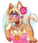  accessory alternate_species anthro blonde_hair blush breasts cleavage clothed clothing domestic_cat dress felid feline felis female flower flower_in_hair fur hair hair_accessory huniepop inner_ear_fluff jewelry lei mammal necklace plant purple_eyes sarah_&quot;suki&quot;_stevens star sticker straw-bunnie tan_body tan_fur tuft 