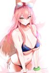  1girl absurdres animal_ear_fluff animal_ears bangs bare_shoulders bikini blue_bikini blush breasts cleavage collarbone fate/grand_order fate_(series) fox_ears fox_girl fox_tail hair_between_eyes hanasaka_houcha highres huge_filesize large_breasts long_hair looking_at_viewer navel open_mouth pink_hair sidelocks simple_background swimsuit tail tamamo_(fate)_(all) tamamo_no_mae_(swimsuit_lancer)_(fate) thighs white_background yellow_eyes 