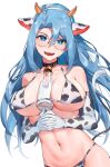  1girl absurdres animal_ears animal_print aochoku bell bell_collar between_breasts bikini blue_eyes blue_hair blush bottle breasts collar collarbone cow_ears cow_girl cow_horns cow_tail cowbell elbow_gloves fake_animal_ears fake_horns fake_tail glasses gloves headband highres horns implied_paizuri large_breasts long_hair looking_at_viewer midriff milk milk_bottle navel open_mouth original shiny_eyes simple_background smile solo sweat swimsuit tail teeth upper_body white_background 