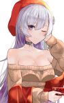  1girl absurdres arm_behind_head azur_lane bangs bare_shoulders belfast_(azur_lane) belfast_(shopping_with_the_head_maid)_(azur_lane) beret blush breasts brown_sweater choker cleavage closed_mouth collarbone earrings eyebrows_visible_through_hair hair_between_eyes hat highres holding jewelry large_breasts long_hair long_sleeves looking_at_viewer nail_polish off-shoulder_sweater off_shoulder one_eye_closed pink_nails purple_eyes red_headwear sakuramochi_(kasute_ra) shawl silver_hair simple_background smile solo sweater upper_body white_background 