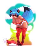  2020 animacityidol anthro big_breasts blue_body blue_eyes blue_fur blue_hair blush brand_new_animal breasts brown_body brown_fur canid canine christmas christmas_clothing christmas_headwear cleavage clothed clothing costume digital_media_(artwork) female fluffy fluffy_tail fur hair hat headgear headwear hi_res holidays legwear mammal michiru_kagemori raccoon_dog red_clothing red_legwear red_stockings santa_costume santa_hat side_boob solo stockings studio_trigger tanuki thick_thighs topwear 