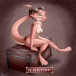  1:1 absurd_res anthro breasts english_text female hi_res horn kobold nipples raised_tail ravirr simple_background sitting solo text 
