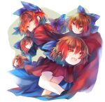  1girl bangs black_shirt blue_bow bow cape disembodied_head hair_between_eyes hair_bow kutsuki_kai looking_at_viewer multiple_heads open_mouth red_cape red_eyes red_hair red_ribbon red_skirt ribbon ribbon-trimmed_bow sekibanki shirt short_hair skirt smile solo touhou white_background 