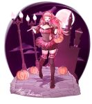 1girl axe belt breasts candy cleavage earrings fire_emblem fire_emblem:_three_houses food full_body gloves halloween_bucket halloween_costume happy_halloween highres hilda_valentine_goneril holding holding_axe jack-o&#039;-lantern jewelry lollipop long_hair love_bunchy nail_polish one_eye_closed open_mouth pink_eyes pink_hair ponytail solo twitter_username 