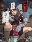  1boy 1girl belt bike_shorts blue_eyes boots breasts brown_hair claire_redfield denim fingerless_gloves gloves groping gun handgun looking_at_viewer molestation ponytail resident_evil resident_evil_2 scared shorts tare-katsu tongue tongue_out translation_request weapon zombie 
