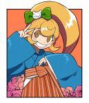  1girl bangs blonde_hair blue_kimono blush_stickers border bow cat_hair_ornament clothing_request danganronpa_(series) danganronpa_10th_anniversary_costume danganronpa_2:_goodbye_despair flower furukawa_(yomawari) green_bow grin hair_bow hair_ornament hands_up highres japanese_clothes kimono long_hair long_sleeves looking_at_viewer official_alternate_costume orange_background orange_eyes outside_border rose saionji_hiyoko shiny shiny_hair smile v white_border wide_sleeves 