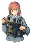  1girl brown_hair earpiece foregrip green_eyes gun holding holding_gun holding_weapon hood hoodie load_bearing_vest long_hair original rico_(remilia) solo submachine_gun upper_body weapon weapon_request white_background 