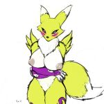  1:1 absurd_res anthro areola armwear black_sclera blue_eyes blush breasts bridal_gauntlets canid clothing crossed_arms digimon digimon_(species) dipstick_ears dipstick_tail female fur fuzzydonutsss gloves handwear hi_res humanoid looking_at_viewer mammal markings mostly_nude multicolored_body multicolored_ears multicolored_fur multicolored_tail neck_tuft puffy_areola renamon simple_background solo tuft two_tone_body two_tone_fur white_body white_fur yellow_body yellow_fur 