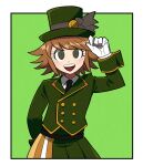  1boy :d adjusting_clothes adjusting_headwear bangs black_neckwear blush border brown_hair collared_shirt cowboy_shot danganronpa:_trigger_happy_havoc danganronpa_(series) danganronpa_10th_anniversary_costume fujisaki_chihiro furukawa_(yomawari) gloves green_background green_headwear green_jacket green_skirt hand_up hat highres jacket long_sleeves looking_at_viewer necktie official_alternate_costume open_mouth outside_border shirt short_hair skirt smile solo upper_teeth white_border white_gloves white_shirt 