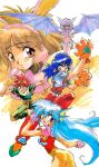  1990s_(style) 2boys 3girls :o animal_ears armor ass blue_eyes blue_hair brown_hair bud_mint bunny_ears c-seagull claws crossed_arms elbow_gloves eyebrows_visible_through_hair fingerless_gloves gloves head_wings highres ko_seiki_beast_sanjuushi light_blue_hair long_hair looking_at_viewer mei_mer multiple_boys multiple_girls navel official_art open_mouth pauldrons paw_gloves paws pink_gloves pink_hair purple_eyes red_eyes red_hair retro_artstyle shoulder_armor simple_background spread_wings thick_eyebrows wan_derbard white_background 