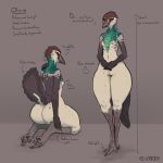  1:1 2021 anthro avian beak bird blush breasts butt english_text feathers female front_view galliform genitals green_eyes head_crest hi_res kneeling model_sheet nipples nude olivia_(yo-lander) peafowl phasianid pussy rear_view small_breasts solo standing tail_feathers talons text wide_hips yo-lander 