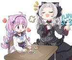  2girls animal_ear_fluff animal_ears black_dress blue_hair blush cat_ears cat_girl cat_tail dress fang food frilled_dress frills gothic_lolita heart hololive lolita_fashion minato_aqua mouth_drool multiple_girls murasaki_shion purple_hair silver_hair sitting smile tail tonton_(tonz159) virtual_youtuber 