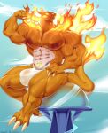  2021 abs anthro barazoku biceps big_muscles breath_powers bulge charizard claws clothing cloudscape collaboration elemental_manipulation fire fire_breathing fire_manipulation flexing gasaiv gigantamax_charizard gigantamax_pok&eacute;mon male muscular navel nintendo nipples outside pecs pok&eacute;mon pok&eacute;mon_(species) quads sitting sky solo sxfpantera tattoo thick_thighs thong toe_claws underwear video_games 
