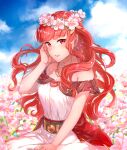 1girl bare_shoulders belt blue_sky celica_(fire_emblem) cloud commentary_request day earrings eyebrows_visible_through_hair field fire_emblem fire_emblem_echoes:_shadows_of_valentia flower flower_field hand_on_own_cheek hand_on_own_face haru_(nakajou-28) head_wreath highres jewelry long_hair necklace outdoors parted_lips red_eyes red_hair sitting sky solo 
