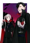  1boy 1girl belt black_hair cape closed_mouth cup drinking_glass edelgard_von_hresvelg fire_emblem fire_emblem:_three_houses gloves hair_over_one_eye halloween_costume highres holding holding_cup hubert_von_vestra long_hair long_sleeves mueririko purple_eyes short_hair side_ponytail white_gloves white_hair wine_glass 