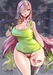  1girl bare_shoulders black_gloves black_legwear breasts cleavage curvy fingerless_gloves gloves green_hair green_shirt hair_over_one_eye kazo large_breasts looking_at_viewer multicolored_hair original pink_hair shirt single_thighhigh smile solo star_tattoo tattoo thick_thighs thighhighs thighs wide_hips wrestling_outfit wrestling_ring yellow_eyes 