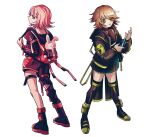  1boy 1girl alternate_costume asymmetrical_clothes bangs black_footwear black_jacket black_legwear boots brown_eyes brown_hair commentary_request covered_collarbone danganronpa:_trigger_happy_havoc danganronpa_(series) danganronpa_2:_goodbye_despair flipped_hair from_behind fujisaki_chihiro full_body gon_(imrower) hands_up highres holding holding_strap holster hood index_finger_raised jacket long_sleeves looking_at_viewer looking_back monokuma monomi_(danganronpa) nanami_chiaki open_mouth over-kneehighs pink_eyes pink_hair pleated_skirt profile shiny shiny_hair shirt short_hair shorts simple_background single_pantsleg skirt standing thigh_holster thigh_strap thighhighs upper_teeth white_background 