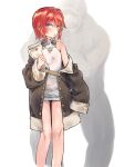  1boy 1girl ange_katrina bald blush clothed_female_nude_male coat commentary_request dress fat fat_man flat_chest fuwa_uneuchi hair_intakes nijisanji nude open_clothes open_coat red_hair short_dress short_hair white_dress 
