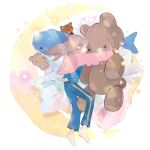  1girl absurdres barefoot blue_pants blue_shirt brown_hair closed_eyes dated highres hug kazuka long_hair long_sleeves lying on_side original pants pink_skirt shirt signature skirt sleeping solo stuffed_animal stuffed_shark stuffed_toy teddy_bear 