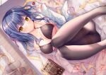  bed bikini blue_hair blush breasts chocolate open_shirt original pantyhose school_uniform sousouman swimsuit yellow_eyes 