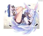  1girl animal_ears ass bandage_on_knee bandage_over_one_eye bandaged_leg bandages bike_shorts black_shorts blue_eyes boots bunny_ears cape choker commentary_request doll_joints ear_tag elbow_gloves gloves highres hood joints knees_up legs legs_up linmiu_(smilemiku) little_witch_nobeta long_hair lying monica_(little_witch_nobeta) object_hug official_art on_back short_shorts shorts silver_hair smile socks solo striped_footwear stuffed_animal stuffed_toy tabard teddy_bear thighs two_side_up very_long_hair white_cape white_footwear white_gloves white_tabard 
