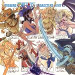  3girls 5boys arm_tattoo avaxxah black_hair black_wings blonde_hair blue_eyes blue_neckerchief blue_necktie cape character_name clenched_hand commentary copyright_name cowboy_hat crossed_arms curly_eyebrows donquixote_doflamingo earrings english_commentary extra_arms eyewear_on_head fire freckles haki hand_tattoo hat headband highres holding holding_staff holding_sword holding_weapon jewelry koby_(one_piece) long_hair medium_hair multiple_boys multiple_drawing_challenge multiple_girls nami_(one_piece) neckerchief necklace necktie nico_robin one_eye_closed one_piece orange_hair pink_hair pink_petals portgas_d._ace purple_hat purple_shirt red_hair shirt short_hair sleeveless smile staff string stussy_(one_piece) sunglasses sword tattoo tongue tongue_out topless_male trafalgar_law vinsmoke_ichiji weapon white_cape wings 