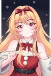 1girl absurdres arifureta_shokugyou_de_sekai_saikyou armpit_crease belt blonde_hair blush bow bowtie christmas closed_mouth collar detached_sleeves dress flat_chest fur-trimmed_dress fur_trim hair_ribbon highres long_hair looking_at_viewer night night_sky red_bow red_bowtie red_eyes red_ribbon ribbon santa_costume santa_dress signature sky smile snowflakes snowing solo upper_body very_long_hair white_collar yue_(arifureta) yue_diazz 