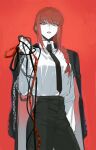  1girl bangs black_neckwear black_pants braid braided_ponytail brown_hair business_suit chain chainsaw_man collared_shirt expressionless eyebrows_visible_through_hair femdom formal highres inuyama_(inuhill) jacket jacket_on_shoulders jacket_removed leash leash_pull long_hair long_sleeves looking_at_viewer makima_(chainsaw_man) necktie pants pov red_background ringed_eyes shirt shirt_tucked_in solo suit white_shirt yellow_eyes 