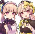  2girls :d atelier_(series) atelier_lydie_&amp;_suelle bow bowtie frills hair_bow hairband highres kinakonato long_hair looking_at_viewer lydie_marlen multiple_girls open_mouth pink_eyes pink_hair short_hair siblings side_ponytail sisters smile suelle_marlen twins upper_body white_background yellow_bow 