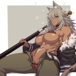  1girl abs animal_ears belt bikini breasts choker dark_skin dark_skinned_female eyepatch fat_mons fur-trimmed_jacket fur_trim ghyslaine_dedorudia green_pants highres jacket large_breasts long_hair micro_bikini mikoyan muscular muscular_female mushoku_tensei open_belt open_clothes pants polearm pussy_peek scar scar_on_cheek scar_on_face scar_on_stomach solo swimsuit tail weapon 