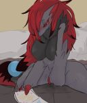  &lt;3 anthro bed blush bodily_fluids breasts claws female fingering fur furniture grey_body grey_fur hair hi_res inside kneeling long_hair masturbation meisaikawaii nintendo pok&eacute;mon pok&eacute;mon_(species) pornography red_claws red_hair solo spread_legs spreading sweat vaginal vaginal_masturbation video_games zoroark 