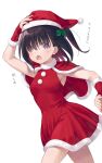  1girl black_hair blush breasts capelet christmas commentary_request dress fur-trimmed_capelet fur_trim grey_eyes hat highres looking_at_viewer medium_hair na-ga one_side_up open_mouth original red_capelet santa_costume santa_dress santa_hat simple_background small_breasts solo translation_request white_background 
