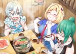  +_+ .live 3girls aki_rosenthal blonde_hair blush breasts chopsticks cleavage commentary_request dennou_shoujo_youtuber_siro detached_sleeves eating food glass glasses green_hair highres hololive kagura_suzu_(.live) large_breasts long_hair multiple_girls short_hair siro_(dennou_shoujo_youtuber_siro) sleeveless virtual_youtuber 