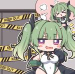  &gt;_&lt; 1girl azur_lane black_jacket blonde_hair blush breasts chibi chibi_only commander_(azur_lane) covered_navel drooling gradient_hair green_hair image_in_thought_bubble jacket keep_out large_breasts maggiore_baracca_(azur_lane) mouth_drool multicolored_hair nejikirio official_art one-piece_swimsuit purple_eyes solo swimsuit twintails white_one-piece_swimsuit 