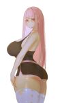  1girl ass bare_arms black_nails black_shorts black_tank_top blush breasts commentary fingernails highres hololive hololive_english huge_breasts lips long_hair looking_at_viewer mori_calliope nail_polish pink_eyes pink_hair pink_lips pink_trim s7nsles sharp_fingernails shorts side_slit side_slit_shorts simple_background smile solo tank_top thighhighs torn_clothes torn_thighhighs virtual_youtuber white_background white_thighhighs 