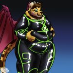  1:1 anthro brown_beard brown_hair cheetah clothed clothing facial_hair felid feline fur glistening glistening_clothing green_eyes groping_belly hair hand_on_stomach hi_res horn hybrid krilinus_sixus looking_at_viewer love_handles male mammal obese obese_anthro overweight overweight_anthro rainbowgummybear rubber rubber_suit solo spots spotted_body spotted_fur thick_thighs tight_clothing wings 