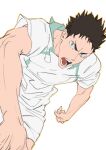  11114tai 1boy brown_hair collared_shirt dutch_angle feet_out_of_frame haikyuu!! highres iwaizumi_hajime looking_ahead male_focus open_mouth outstretched_arm playing_sports shirt short_sleeves shorts simple_background solo spiked_hair sportswear teeth tongue v-shaped_eyebrows volleyball_uniform white_background white_shorts 