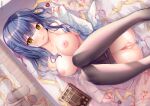  anus bed blue_hair blush breasts chocolate nipples no_bra open_shirt original pantyhose pussy pussy_juice school_uniform sousouman uncensored yellow_eyes 