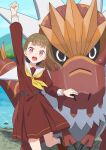  1girl :d black_bow bow braid brown_dress brown_hair brown_shoes center-flap_bangs clenched_hand commentary_request crossover dinosaur dress foot_out_of_frame hair_bow hasu_no_sora_school_uniform highres kachimachi_kosuzu leg_up link!_like!_love_live! loafers long_hair long_sleeves looking_at_viewer love_live! medium_dress neckerchief open_mouth orange-pengin outdoors pink_eyes pleated_dress pokemon pokemon_(creature) raised_fist sailor_collar sailor_dress school_uniform shoes side_ahoge side_braids smile socks standing standing_on_one_leg straight_hair teeth tyrantrum upper_teeth_only virtual_youtuber white_sailor_collar white_socks winter_uniform yellow_neckerchief 