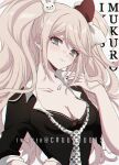  1girl artist_name bangs black_bra black_shirt blue_eyes blush bow bra breasts bunny_hair_ornament character_name choker cleavage closed_mouth collarbone commentary cosplay cover criis-chan danganronpa:_trigger_happy_havoc danganronpa_(series) enoshima_junko enoshima_junko_(cosplay) eyebrows_visible_through_hair freckles frown hair_bow hair_ornament hand_up head_tilt ikusaba_mukuro large_breasts long_hair long_sleeves looking_at_viewer medium_breasts nail_polish necktie print_neckwear red_bow red_nails shirt sleeves_rolled_up solo twintails underwear upper_body very_long_hair wavy_mouth white_bow white_neckwear 