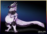 abdominal_bulge anthro balls belly biogentic_(protogen) black_cum bodily_fluids claws colored_cum cum cum_inflation cum_inside fluffy fluffy_tail fur genital_fluids genitals hi_res hunamarts inflation looking_at_viewer machine male penis protogen protogen_armor protogen_visor solo tail text unusual_bodily_fluids unusual_cum unusual_genital_fluids white_body white_fur