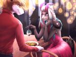  2020 anthro breasts canid canine clothed clothing digital_media_(artwork) duo eyebrows eyelashes female fox hi_res lagomorph leporid male mammal p-v-s pink_eyes rabbit smile 