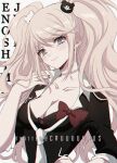  1girl artist_name bangs bear_hair_ornament black_bra black_shirt blue_eyes blush bow bra breasts character_name choker cleavage closed_mouth collarbone cover criis-chan danganronpa:_trigger_happy_havoc danganronpa_(series) enoshima_junko eyebrows_visible_through_hair hair_ornament hand_up head_tilt lace-trimmed_bra lace_trim large_breasts long_hair long_sleeves looking_at_viewer medium_breasts nail_polish necktie red_bow red_nails shirt sleeves_rolled_up smile solo twintails underwear upper_body very_long_hair white_neckwear 