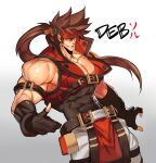  1boy bara bare_shoulders belt_buckle brown_hair buckle covered_abs cowboy_shot fingerless_gloves gloves guilty_gear harness headgear long_hair male_focus muscular muscular_male na_insoo open_clothes pectorals pelvic_curtain ponytail revision shiny shiny_skin simple_background sleeveless sol_badguy solo spiked_hair thumbs_up tight yellow_eyes 