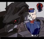  1girl adjusting_headset armored_core armored_core_vi:_fires_of_rubicon belt black_border blue_eyes blue_hat blue_jacket border cropped_torso forehead garrison_cap gloves hat headpiece jacket letterboxed logo mecha military_jacket nightfall_(armored_core_vi) personification radio_antenna raven&#039;s_operator_(armored_core_vi) refus robot white_gloves white_hair 